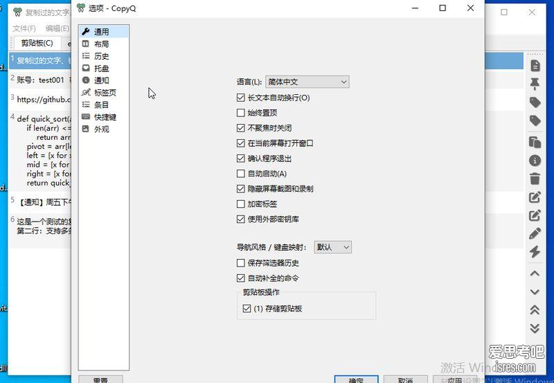 CopyQ 偏好设置：剪贴板存储选项