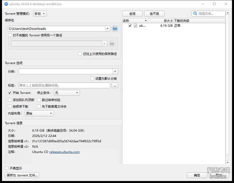 qBittorrent 添加种子对话框，可选择文件与设置