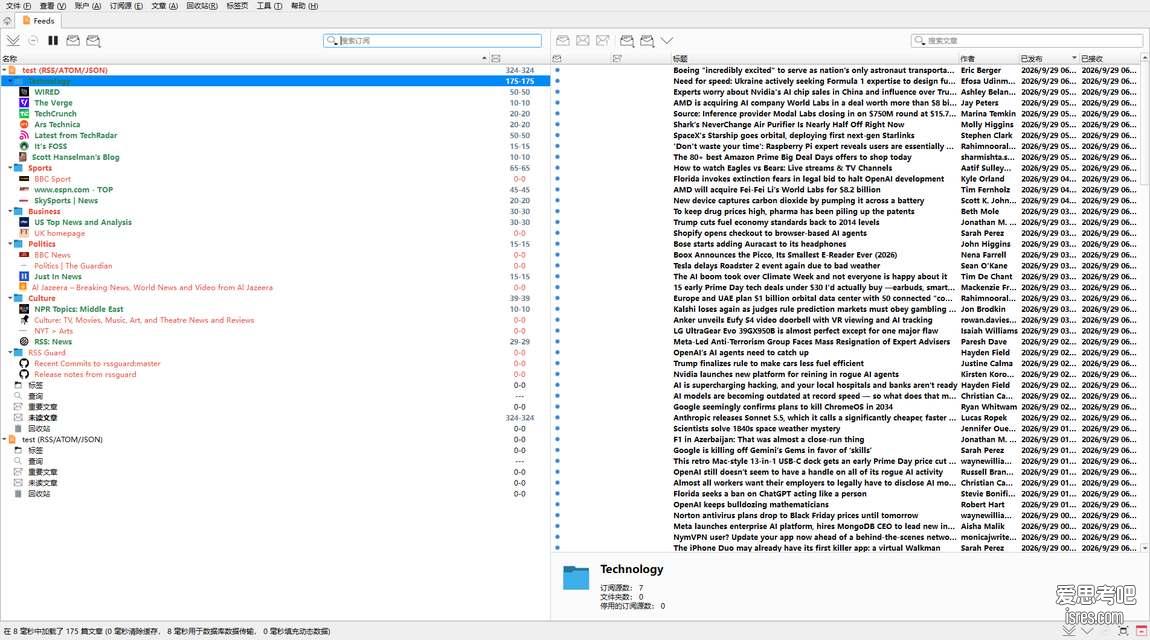 RSS Guard 5.2.5 主界面:订阅源树与文章列表